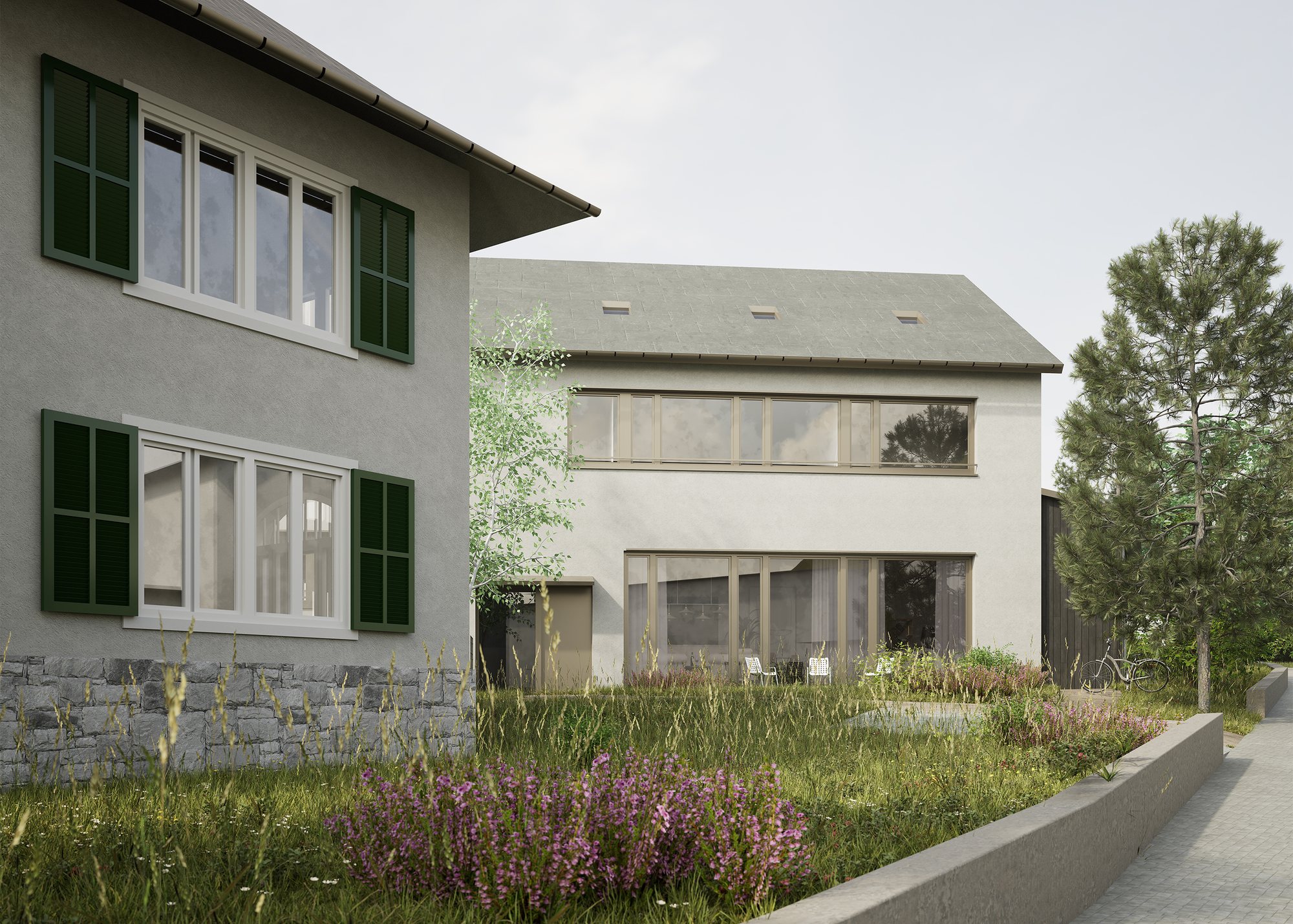 Altendorferstrasse: Visualisierung von Bestandsbau und Neubau von der Strasse