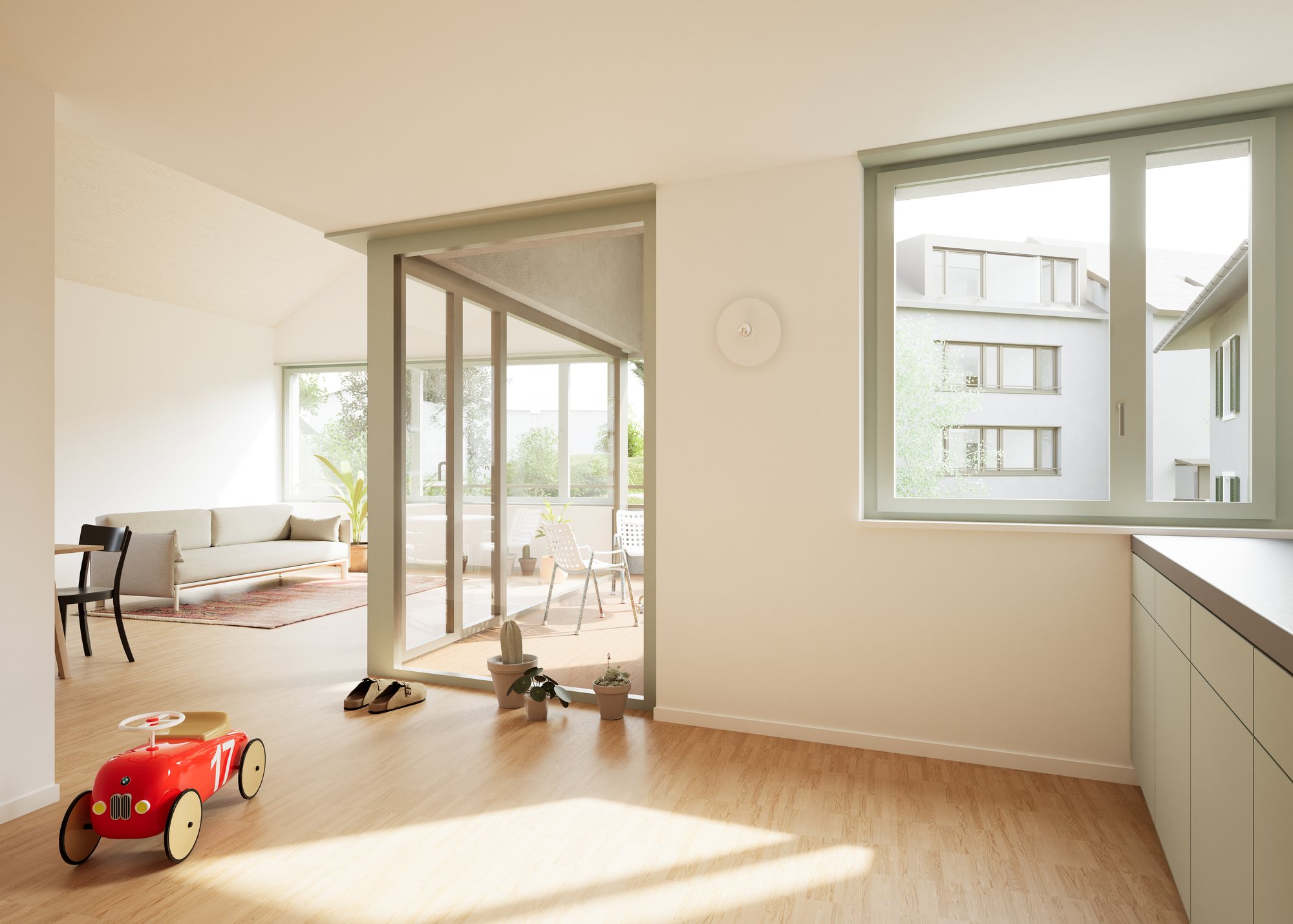 Altendorferstrasse: Visualisierung eines Wohnraums mit Blick auf die Loggia