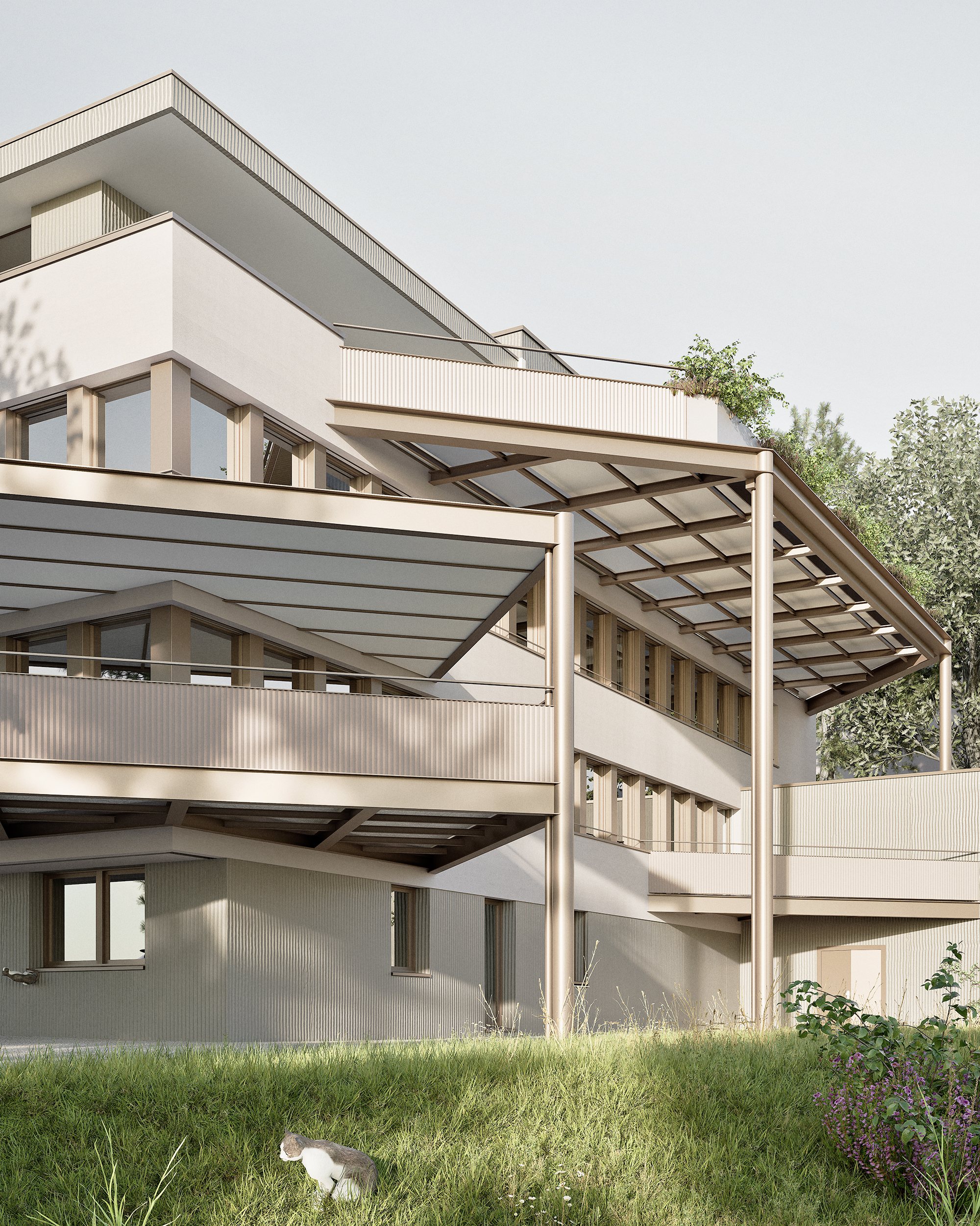 Mehrfamilienhaus Pradafant: Visualisierung der Gartenfassade mit Balkonschicht