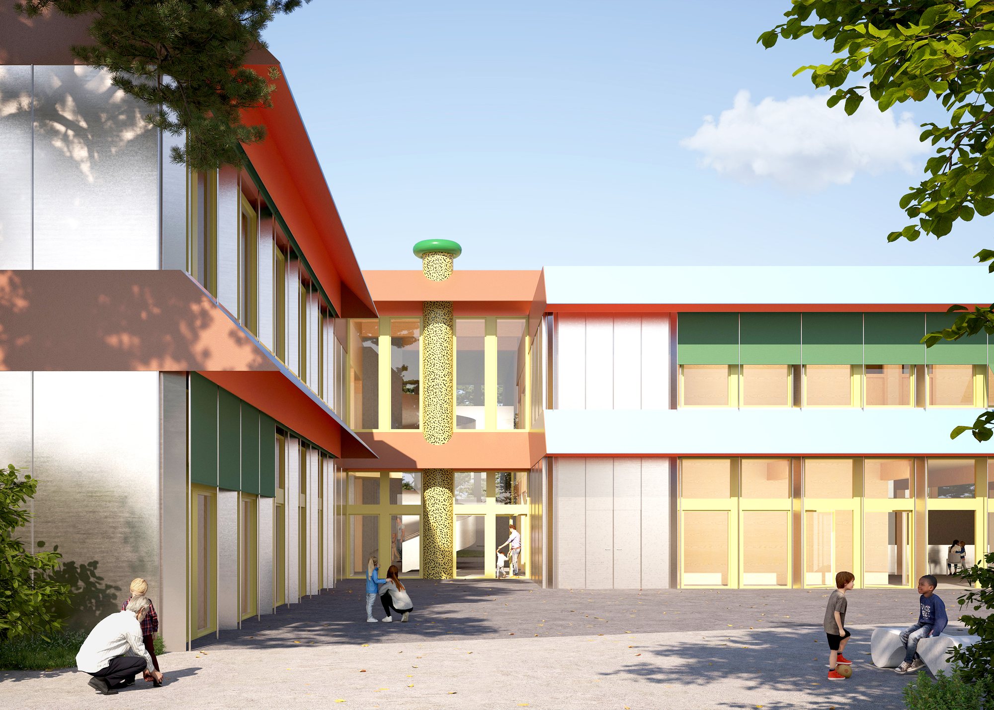 Schulanlage Rain: Visualisierung des Pausenhofs mit farbiger Fassade