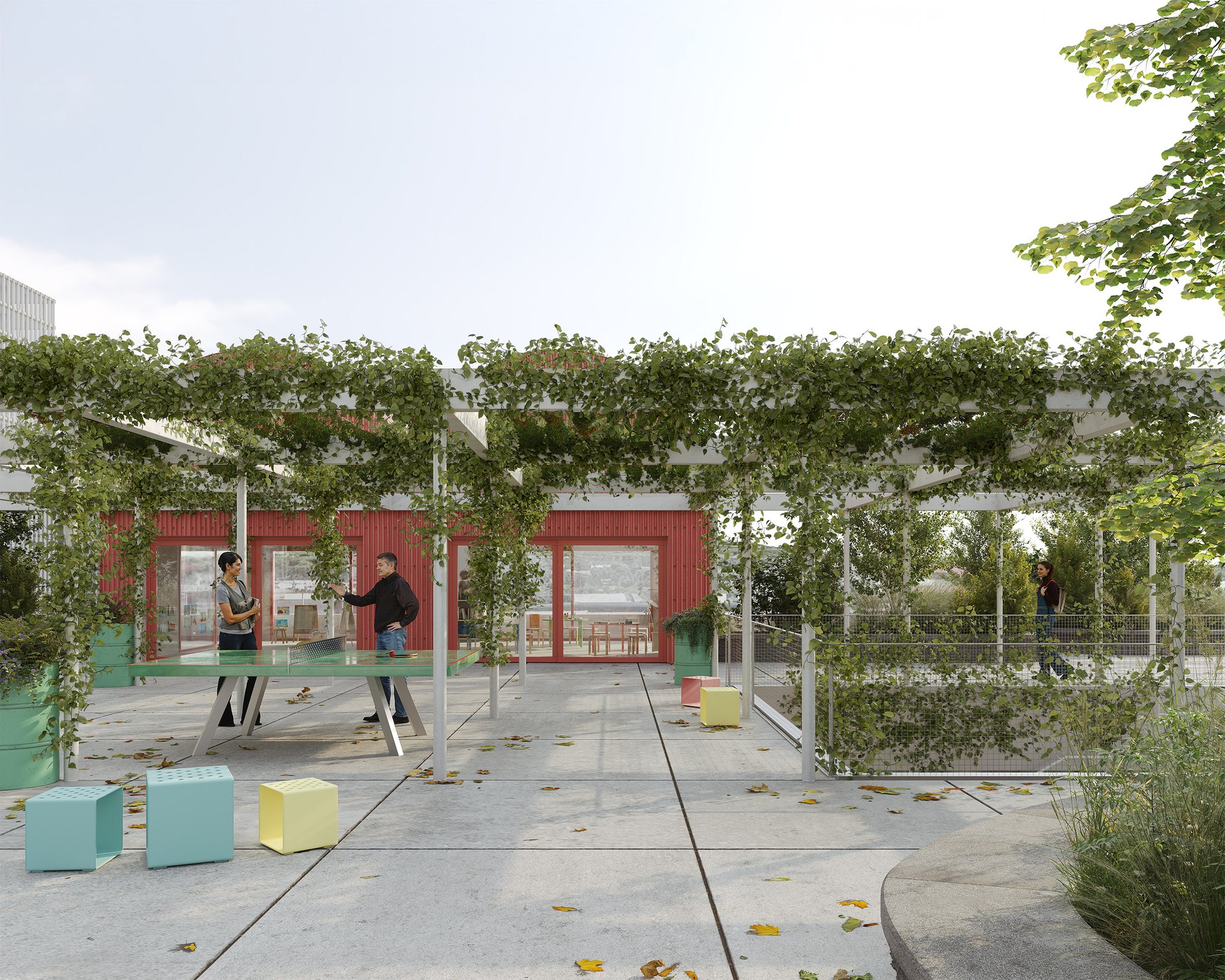 Wettbewerb Rotkreuz: Visualisierung des begrünten Aussenraums mit Pergola