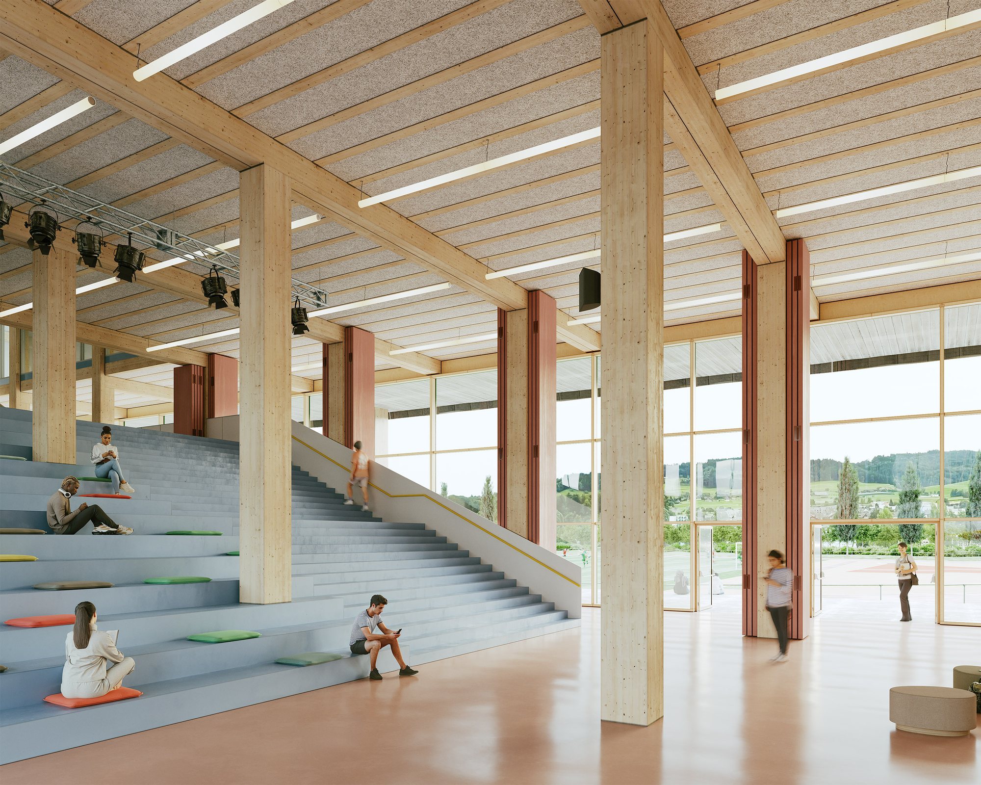 Wettbewerb Rotkreuz: Visualisierung des Foyers mit Sitztreppe in Holzbauweise