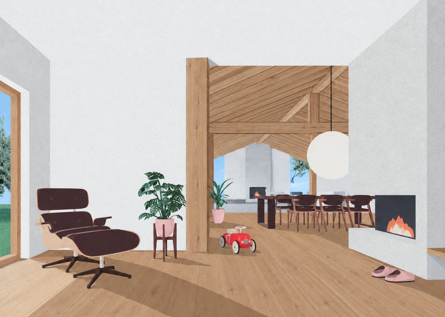 Wohnhaus Prebold: Wohnraum mit Kamin und Blick in den Essbereich